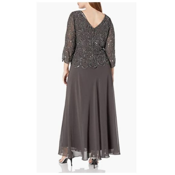 J Kara Women's Plus Size 3/4 Sleeve with Scallop Beaded Pop Over Gown - Picture 2 of 4